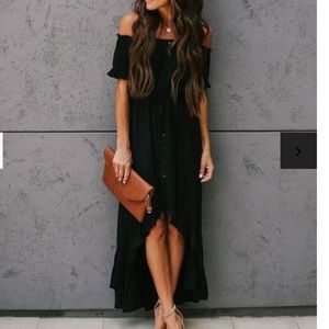 OFF THE SHOULDER HIGH LOW RUFFLE MAXI DRESS